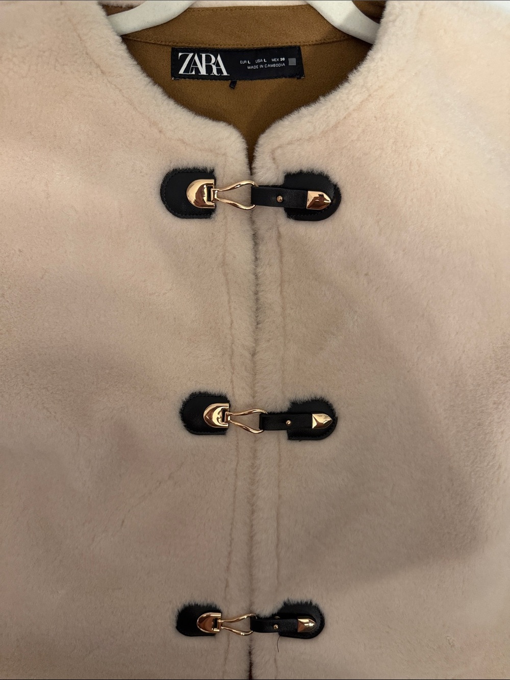 Zara Cream Teddy Toggle Jacket with Black Trim and Gold Hardware